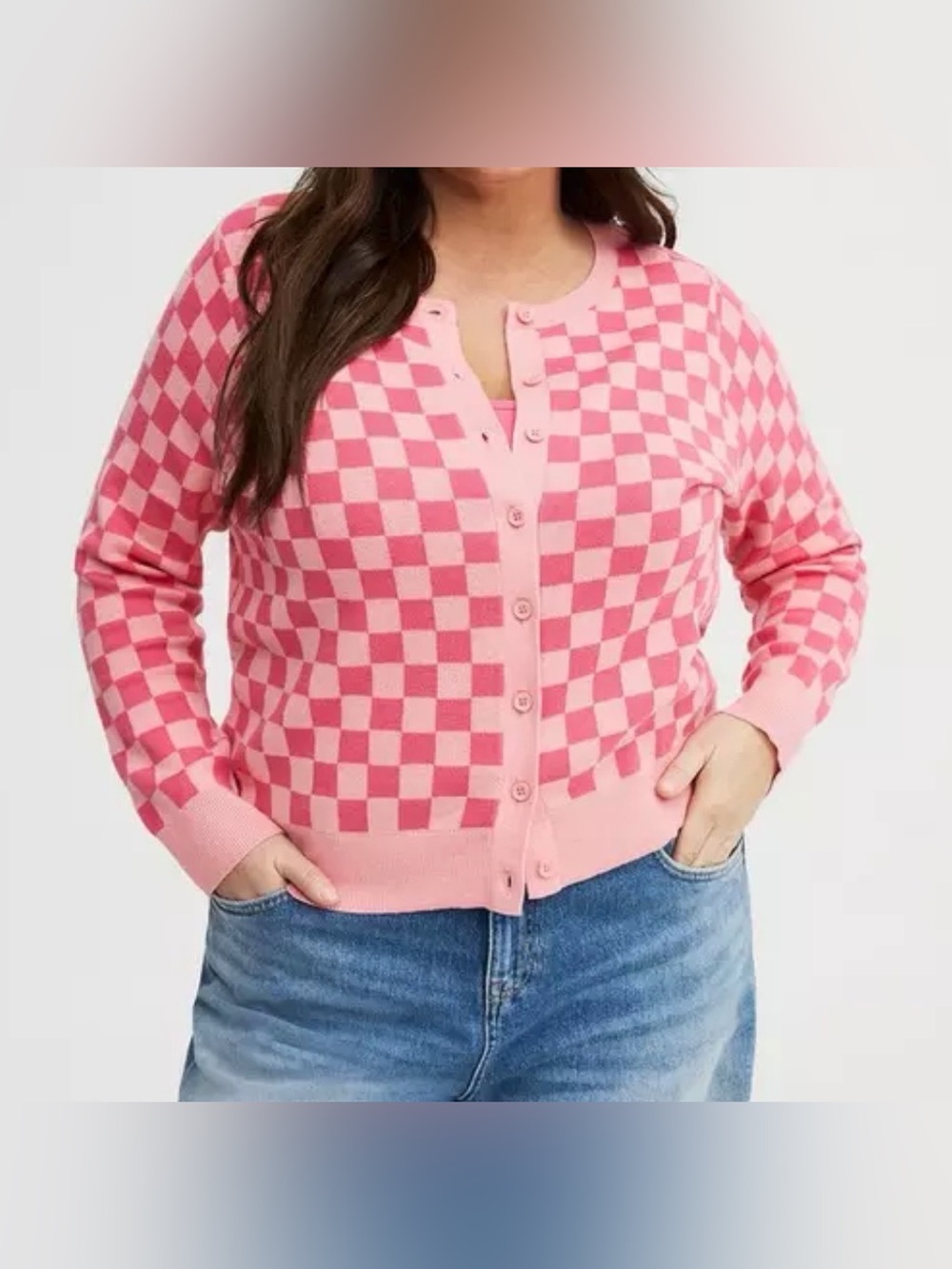 Torrid Pink Checkerboard Button-Down Cozy Crew Cardigan Women’s Large